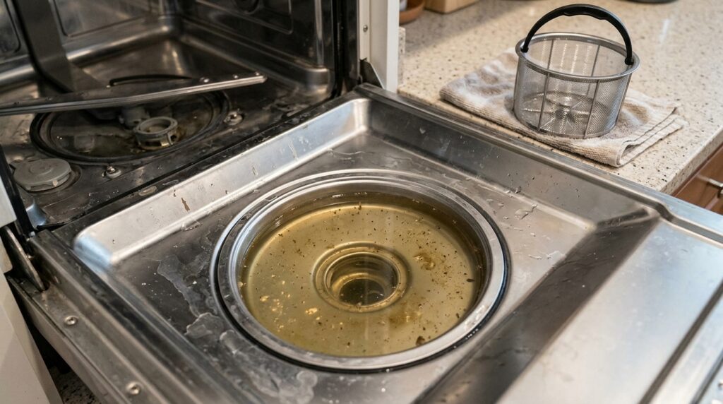 Why Dishwasher Sump Basins Retain Standing Water Despite Clean Drain Filters and Hoses